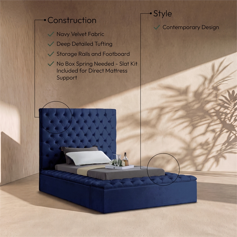 meridian furniture bliss solid wood tufted velvet twin bed in navy