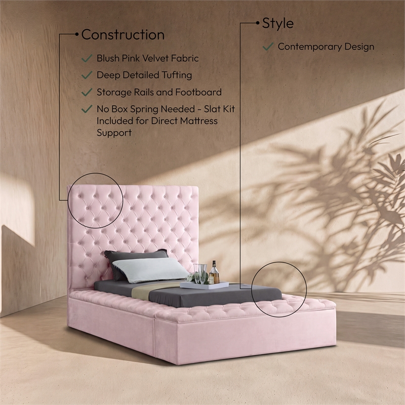 Meridian Furniture Bliss Solid Wood Tufted Velvet Twin Bed in Pink