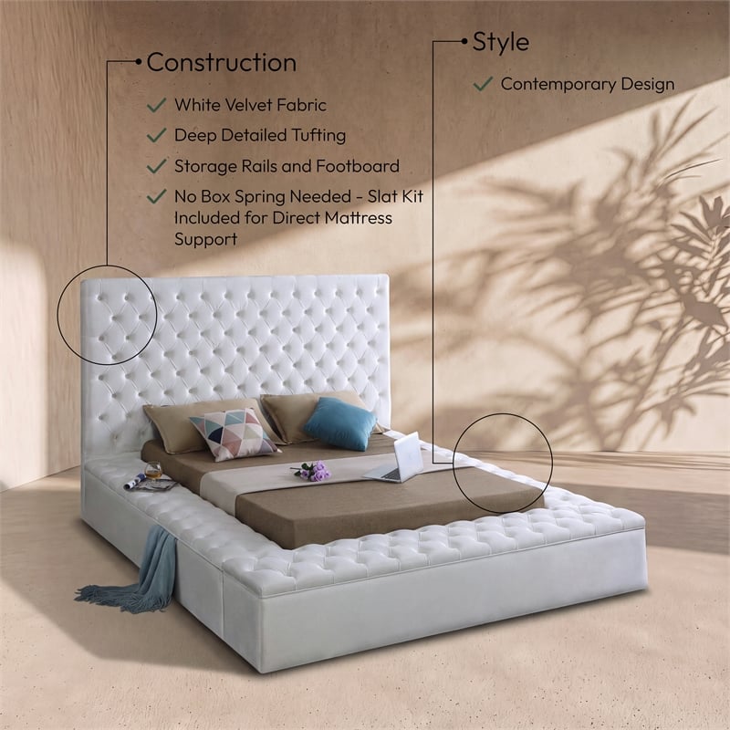 Meridian Furniture Bliss Solid Wood Tufted Velvet Full Bed in White