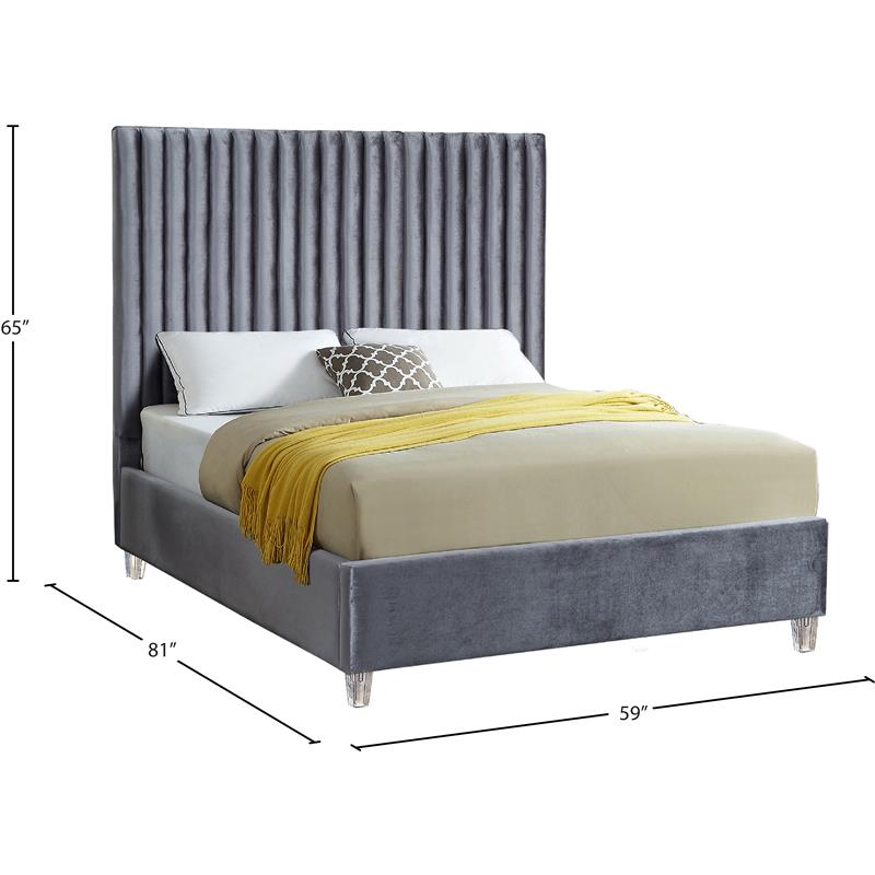 Meridian Furniture Candace Solid Wood Tufted Velvet Full Bed in Gray
