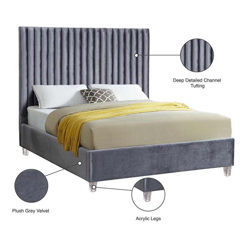Meridian Furniture Candace Solid Wood Tufted Velvet King Bed in Gray