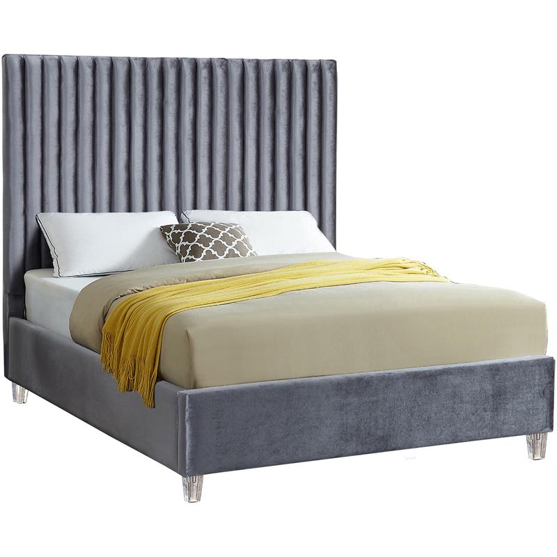 Meridian Furniture Candace Solid Wood Tufted Velvet Queen Bed in Gray