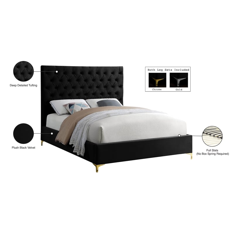 Meridian Furniture Cruz Solid Wood Tufted Velvet King Bed in Black
