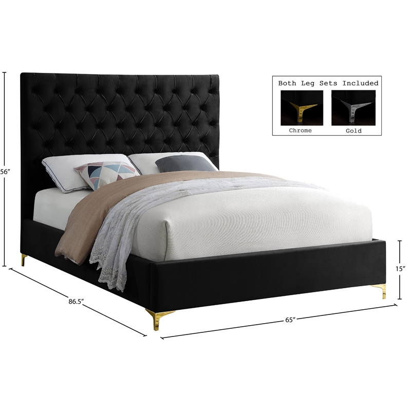 Meridian Furniture Cruz Solid Wood Tufted Velvet Queen Bed in Black