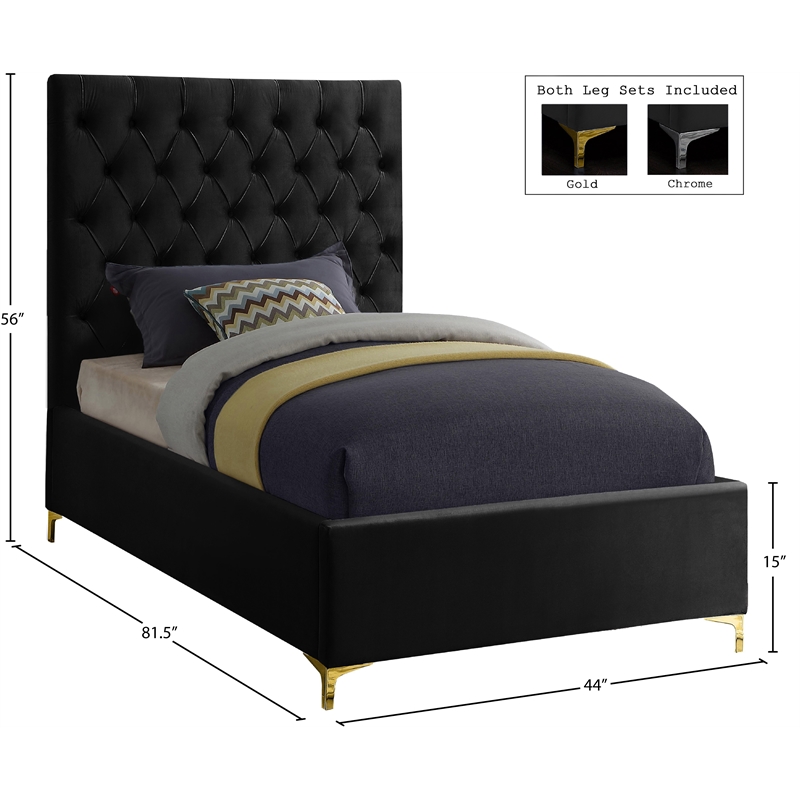 Meridian Furniture Cruz Solid Wood Tufted Velvet Twin Bed in Black