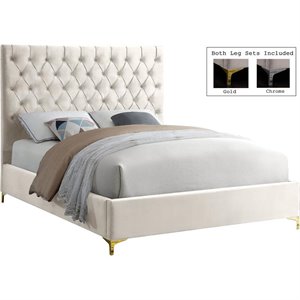 Meridian Furniture Cruz Solid Wood Tufted Velvet Full Bed in Cream