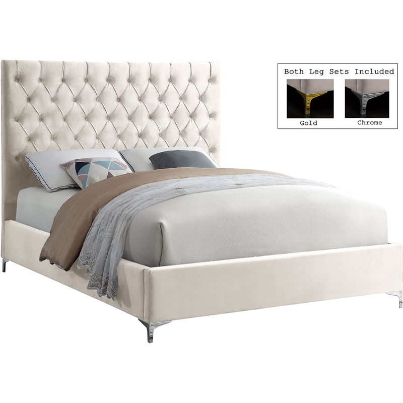 Meridian Furniture Cruz Solid Wood and Tufted Velvet King Bed in Cream