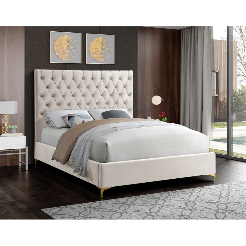 Meridian Furniture Cruz Solid Wood and Tufted Velvet King Bed in Cream