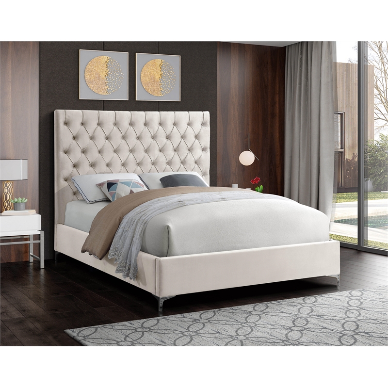 Meridian Furniture Cruz Solid Wood and Tufted Velvet King Bed in Cream