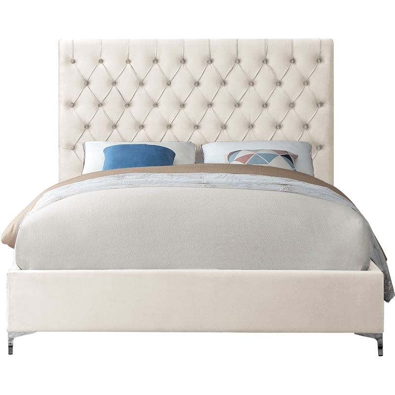 Meridian Furniture Cruz Solid Wood and Tufted Velvet King Bed in Cream