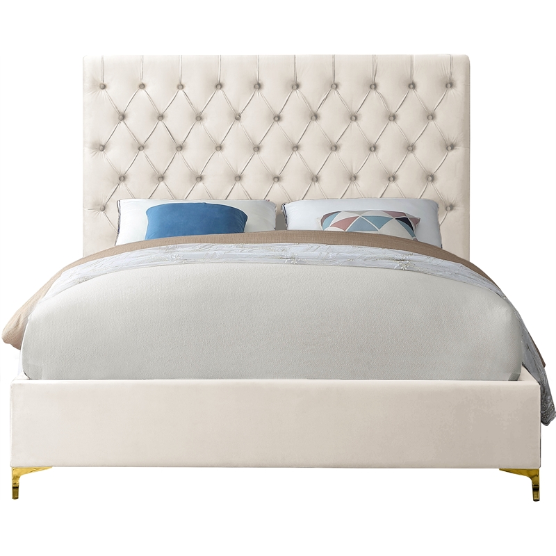 Meridian Furniture Cruz Solid Wood and Tufted Velvet King Bed in Cream