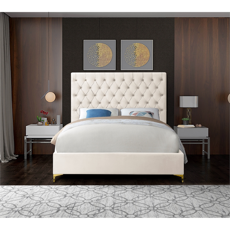Meridian Furniture Cruz Solid Wood and Tufted Velvet King Bed in Cream