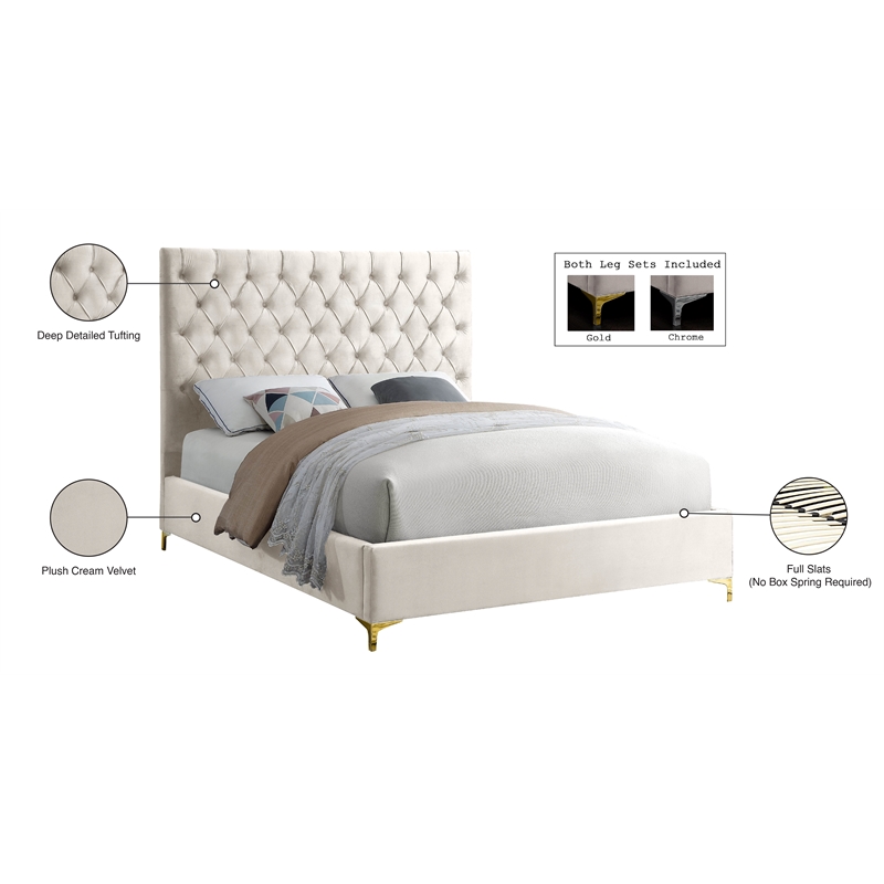 Meridian Furniture Cruz Solid Wood and Tufted Velvet King Bed in Cream