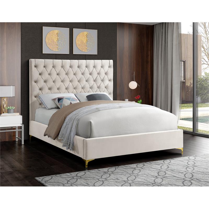 Meridian Furniture Cruz Solid Wood Tufted Velvet Queen Bed in Cream