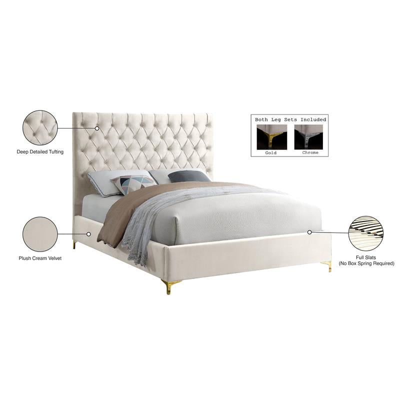 Meridian Furniture Cruz Solid Wood Tufted Velvet Queen Bed in Cream