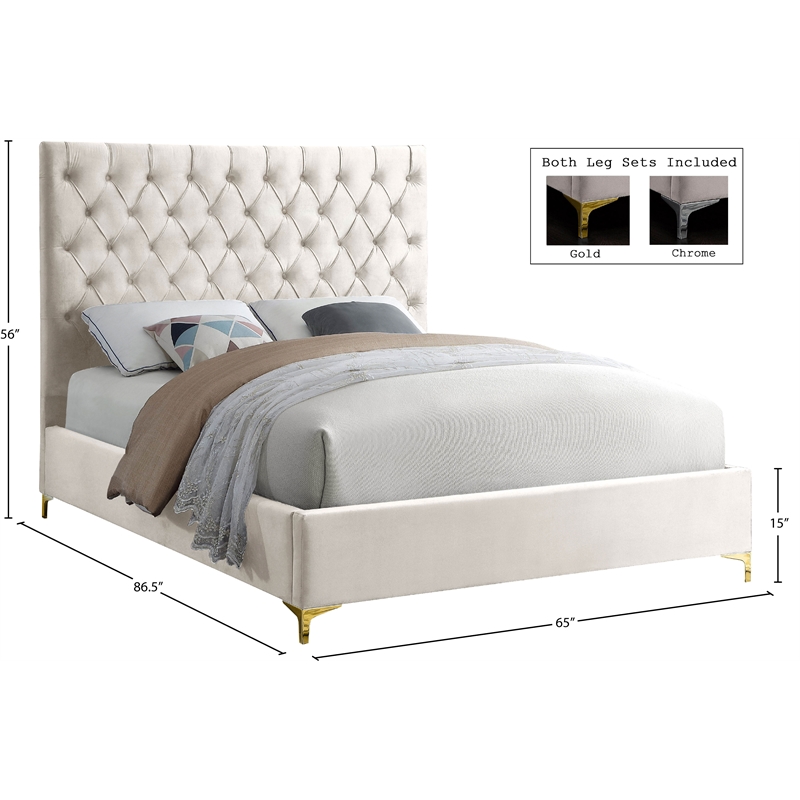 Meridian Furniture Cruz Solid Wood Tufted Velvet Queen Bed in Cream