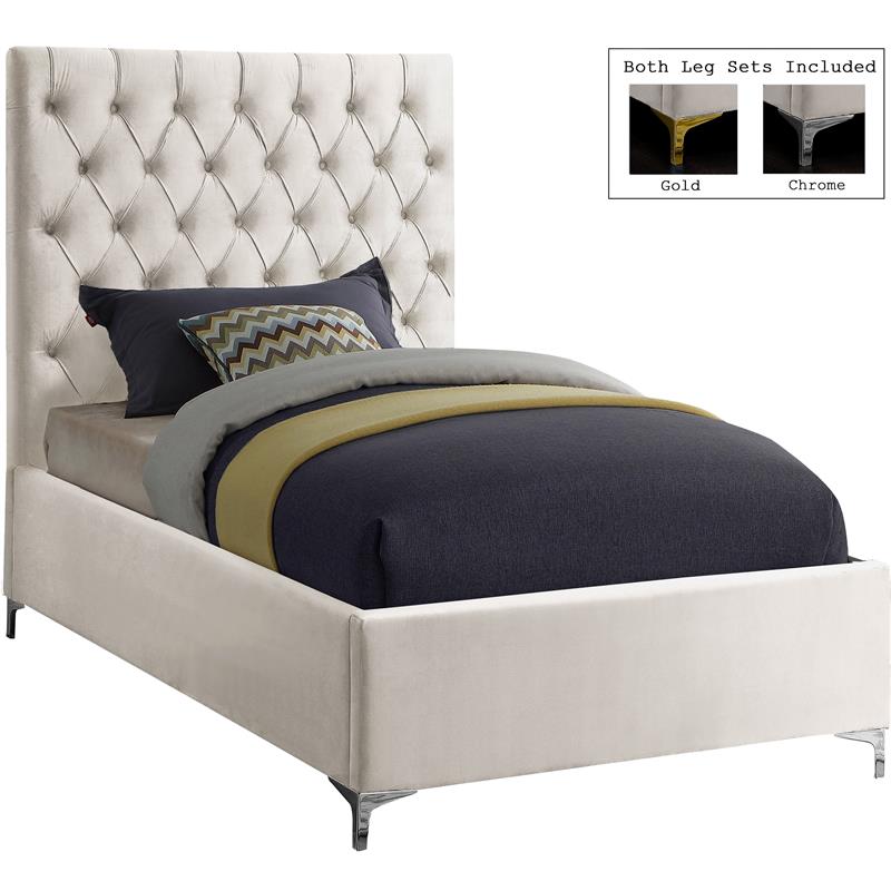 Meridian Furniture Cruz Solid Wood Tufted Velvet Twin Bed in Cream