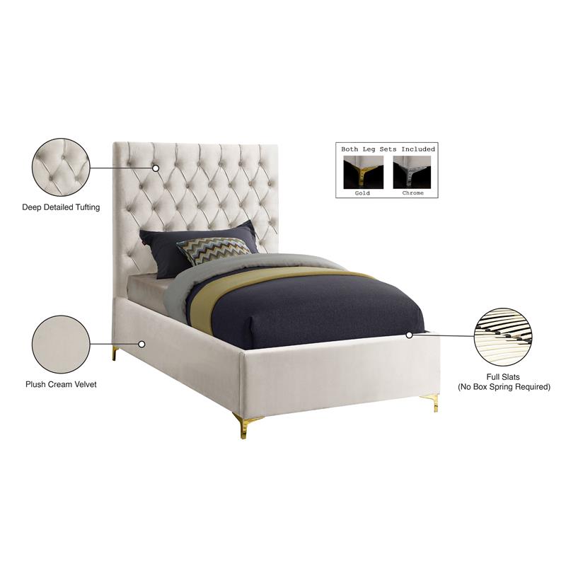 Meridian Furniture Cruz Solid Wood Tufted Velvet Twin Bed in Cream