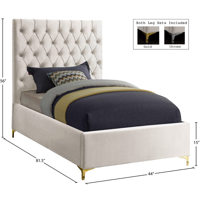 Meridian Furniture Cruz Solid Wood Tufted Velvet Twin Bed in Cream