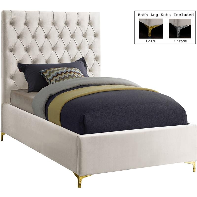 Meridian Furniture Cruz Solid Wood Tufted Velvet Twin Bed in Cream