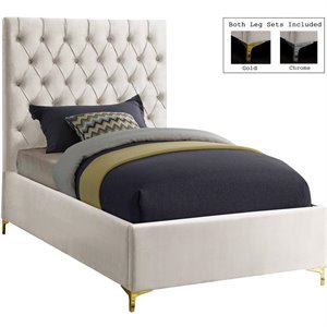Meridian Furniture Cruz Solid Wood Tufted Velvet Twin Bed in Cream