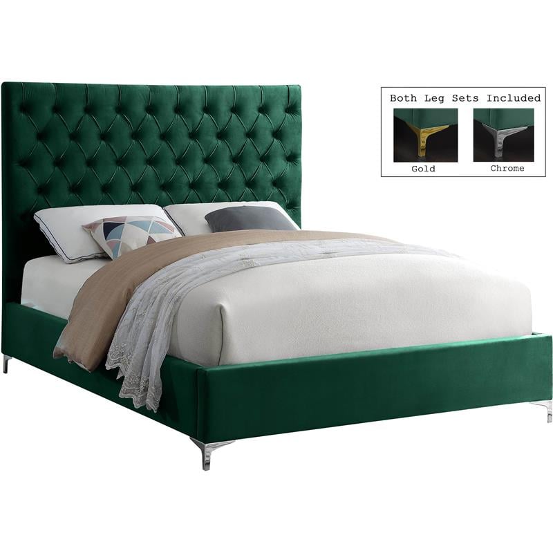 Meridian Furniture Cruz Solid Wood Tufted Velvet Full Bed in Green