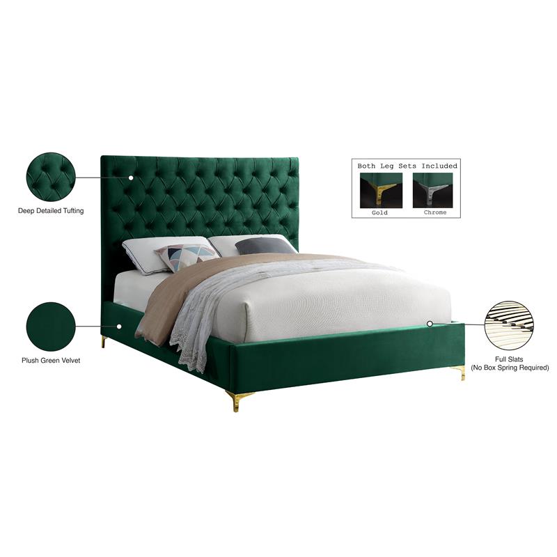 Meridian Furniture Cruz Solid Wood Tufted Velvet Full Bed in Green