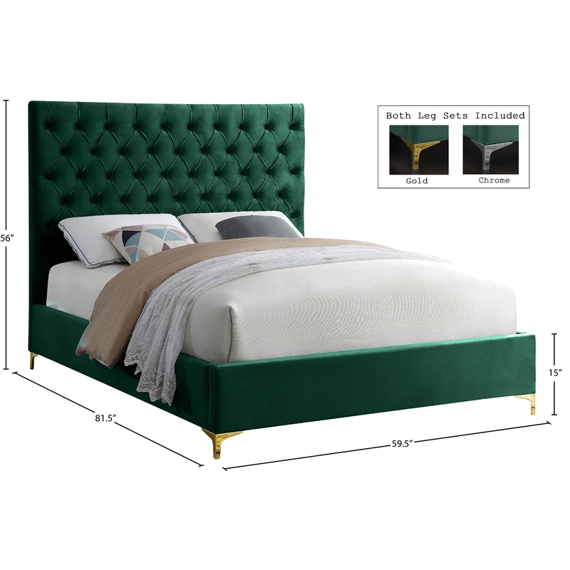 Meridian Furniture Cruz Solid Wood Tufted Velvet Full Bed in Green