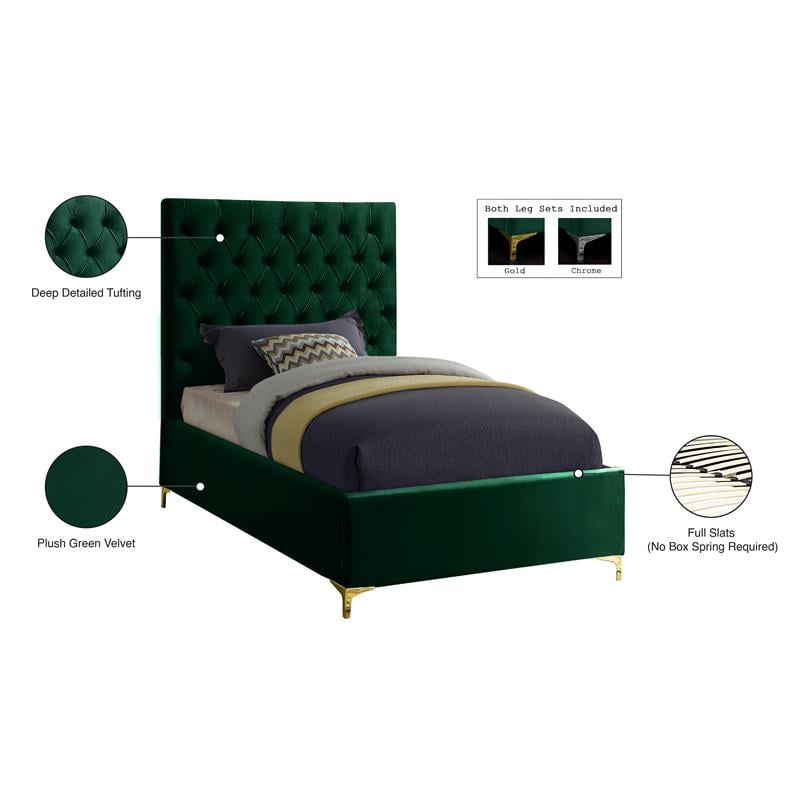 Meridian Furniture Cruz Solid Wood Tufted Velvet Twin Bed in Green