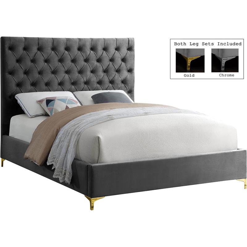 Meridian Furniture Cruz Solid Wood Tufted Velvet Full Bed in Gray