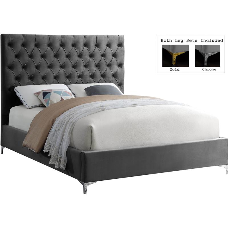 Meridian Furniture Cruz Solid Wood Tufted Velvet Queen Bed in Gray