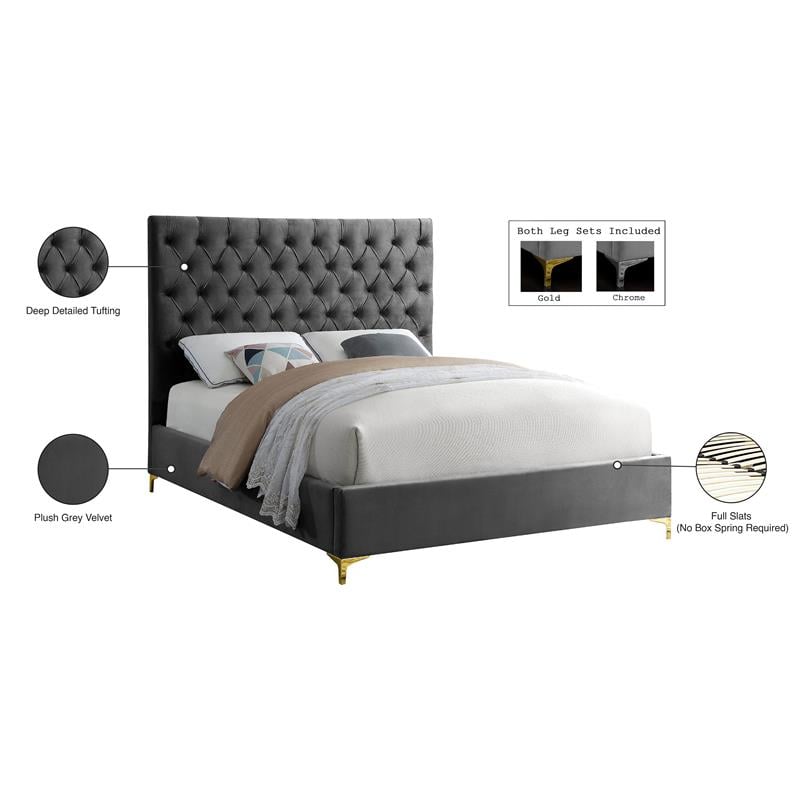 Meridian Furniture Cruz Solid Wood Tufted Velvet Queen Bed in Gray