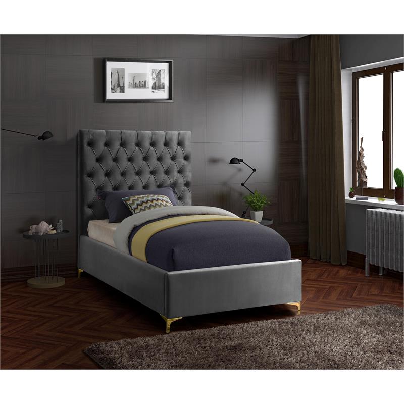 Meridian Furniture Cruz Solid Wood Tufted Velvet Twin Bed in Gray