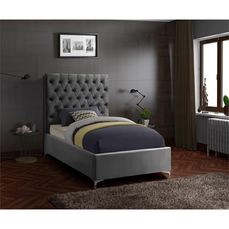 Meridian Furniture Cruz Solid Wood Tufted Velvet Twin Bed in Gray