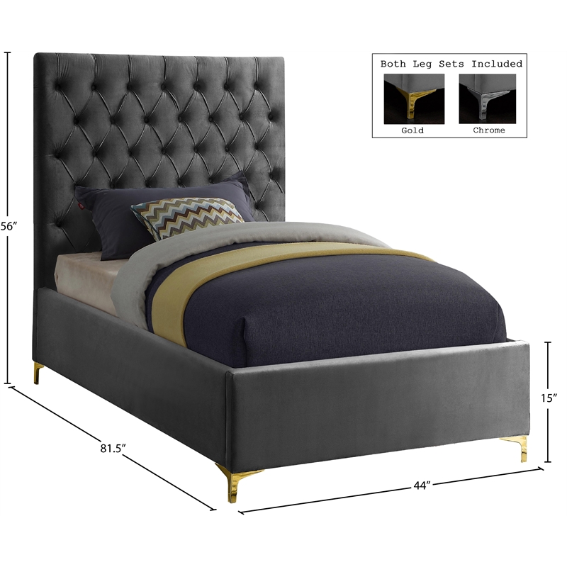 Meridian Furniture Cruz Solid Wood Tufted Velvet Twin Bed in Gray