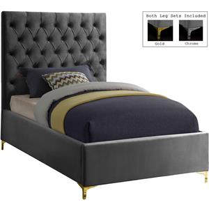 Meridian Furniture Cruz Solid Wood Tufted Velvet Twin Bed in Gray