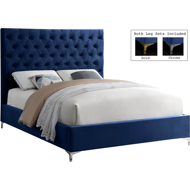 Meridian Furniture Cruz Solid Wood Tufted Velvet Queen Bed in Navy