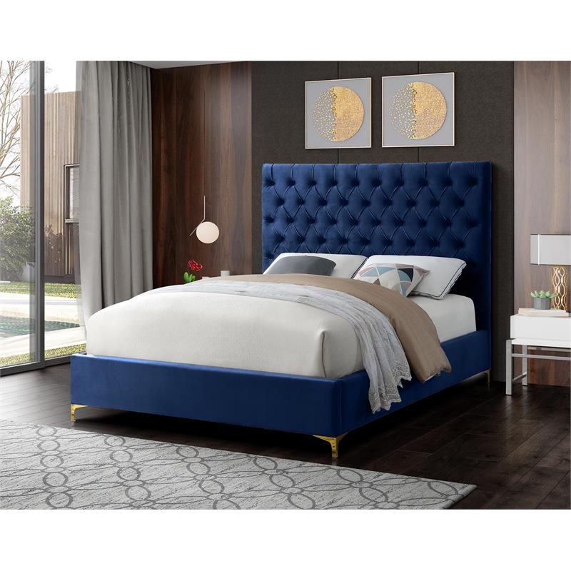 Meridian Furniture Cruz Solid Wood Tufted Velvet Queen Bed in Navy