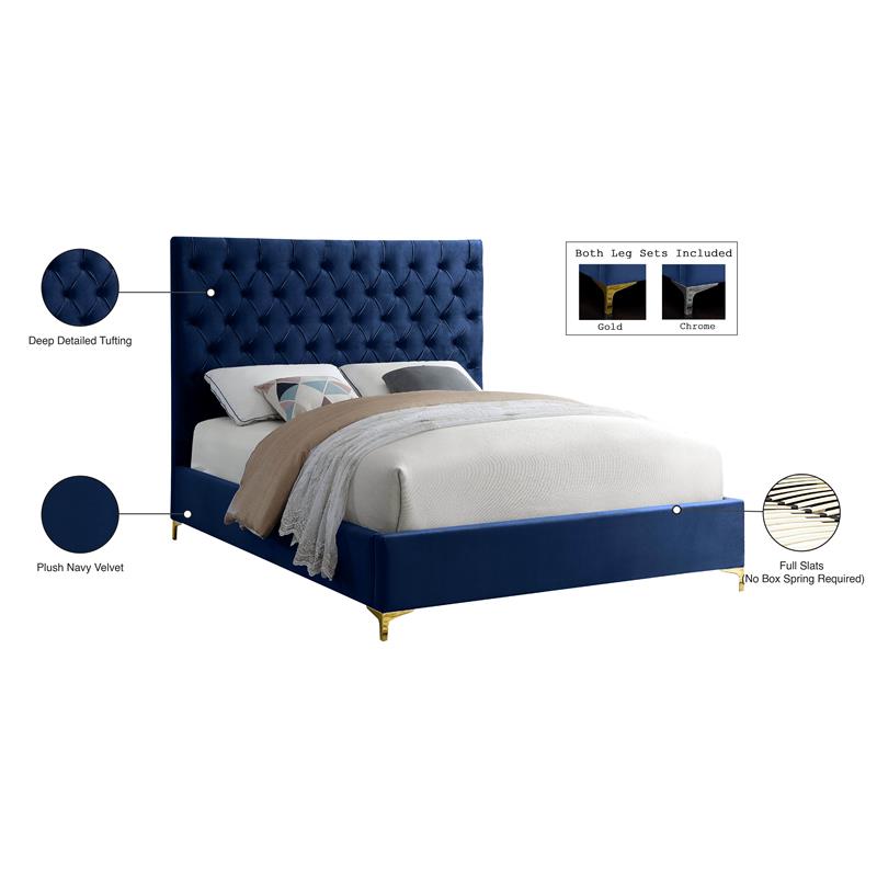 Meridian Furniture Cruz Solid Wood Tufted Velvet Queen Bed in Navy