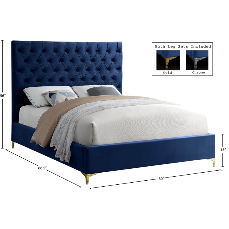 Meridian Furniture Cruz Solid Wood Tufted Velvet Queen Bed in Navy
