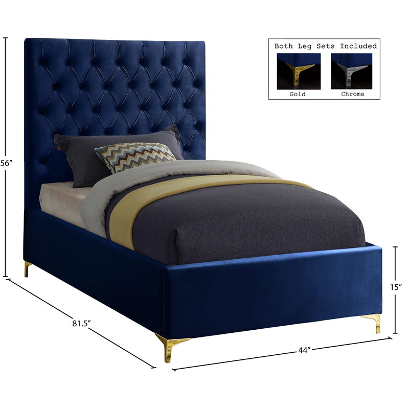 Meridian Furniture Cruz Solid Wood Tufted Velvet Twin Bed in Navy