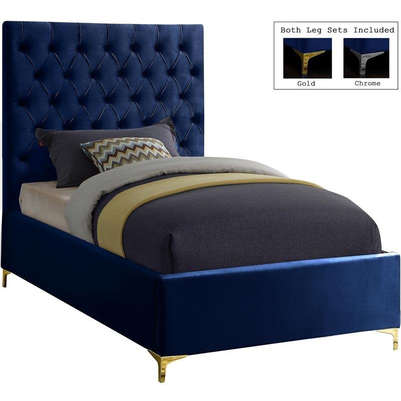Meridian Furniture Cruz Solid Wood Tufted Velvet Twin Bed in Navy