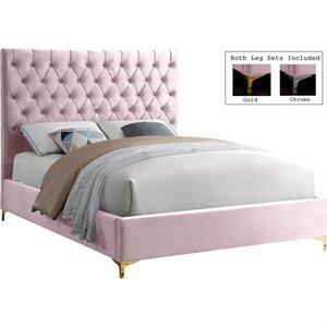 Meridian Furniture Cruz Solid Wood Tufted Velvet Full Bed in Pink
