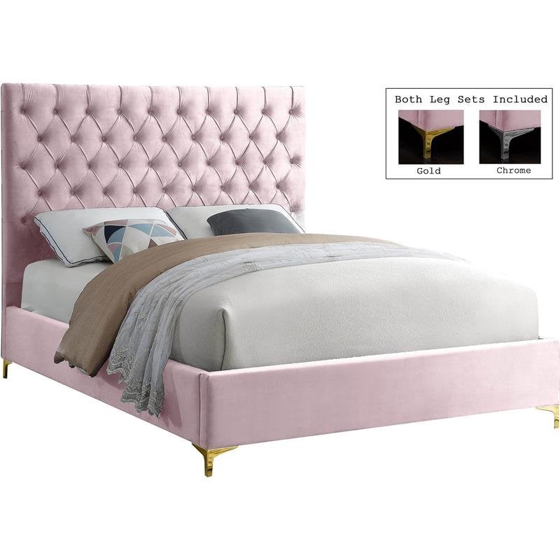 Meridian Furniture Cruz Solid Wood Tufted Velvet King Bed in Pink