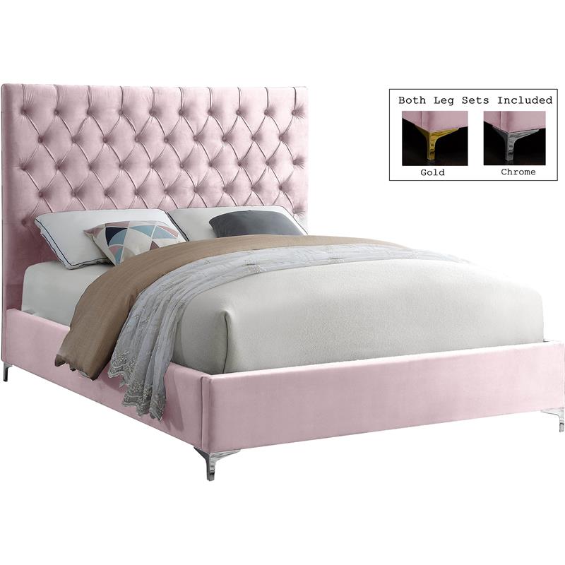 Meridian Furniture Cruz Solid Wood Tufted Velvet Queen Bed in Pink