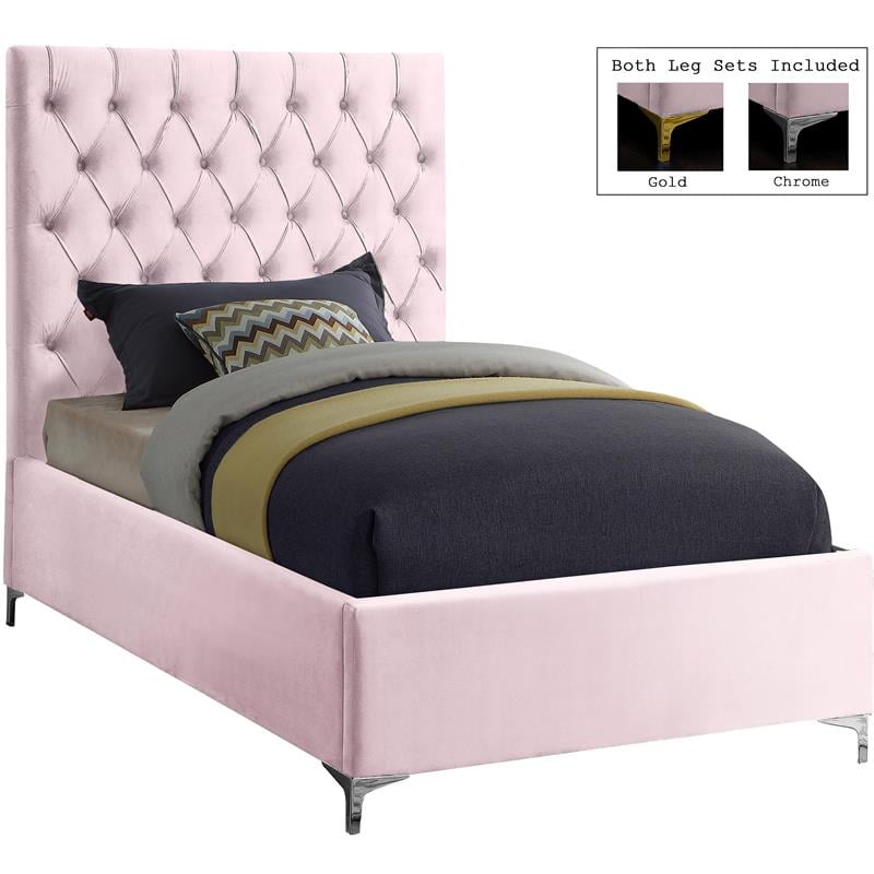 Meridian Furniture Cruz Solid Wood Tufted Velvet Twin Bed in Pink