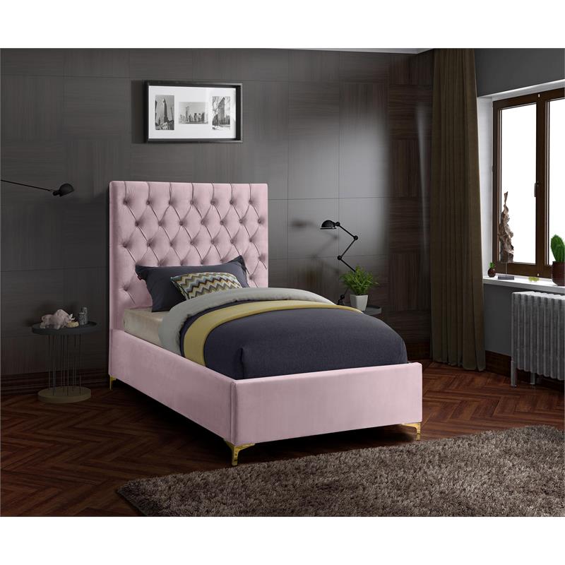 Meridian Furniture Cruz Solid Wood Tufted Velvet Twin Bed in Pink