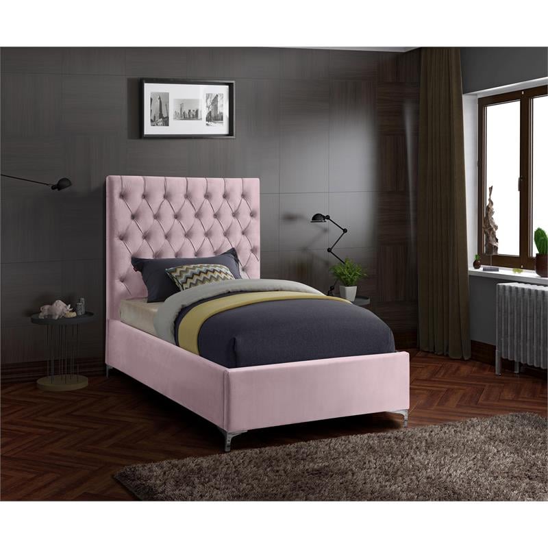 Meridian Furniture Cruz Solid Wood Tufted Velvet Twin Bed in Pink