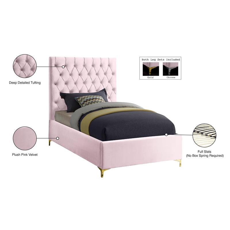 Meridian Furniture Cruz Solid Wood Tufted Velvet Twin Bed in Pink
