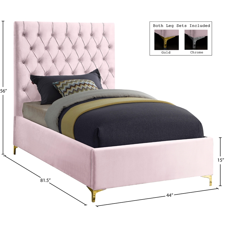 Meridian Furniture Cruz Solid Wood Tufted Velvet Twin Bed in Pink